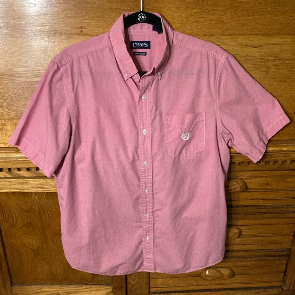 Chaps Mens Easy Care Short Sleeve Button Down Shirt Pink‎ Houndstooth Medium